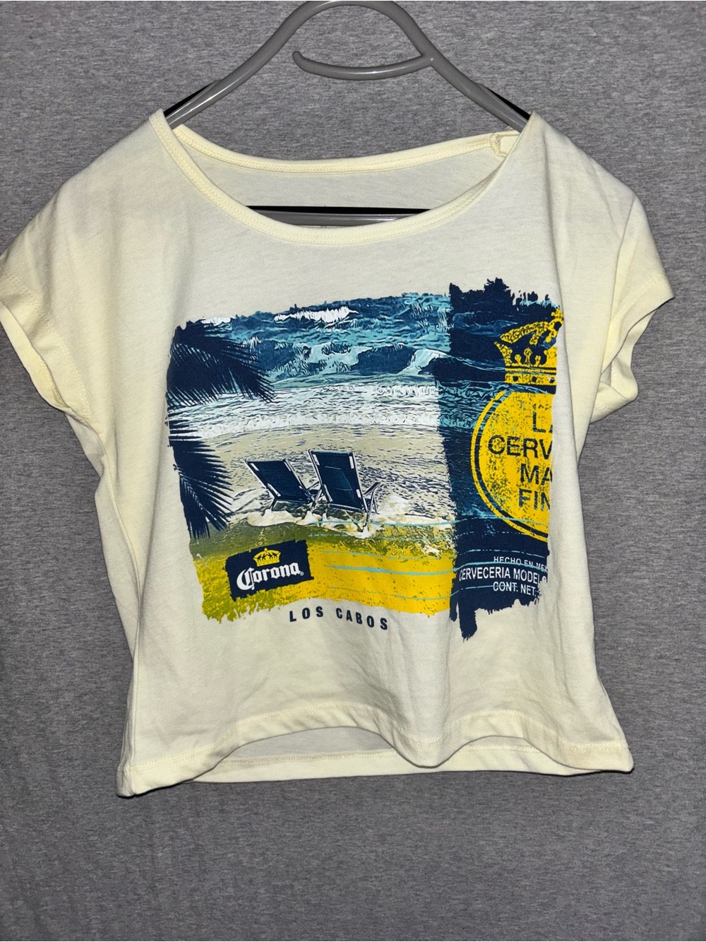 Corona Cream Short Sleeve Tee with Blue & Yellow Beach Graphic